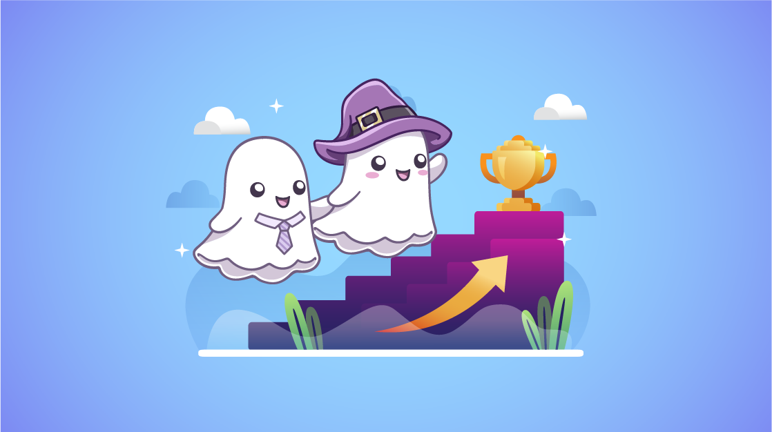 A ghost in a wizard hat helps a ghost wearing a tie up some stairs to a golden trophy cup.