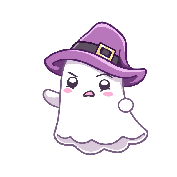 An upset Ghost, wearing a purple wizard hat.