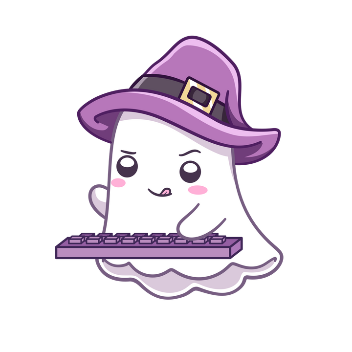 A cartoon ghost in a wizard hat, typing on her floating purple keyboard.